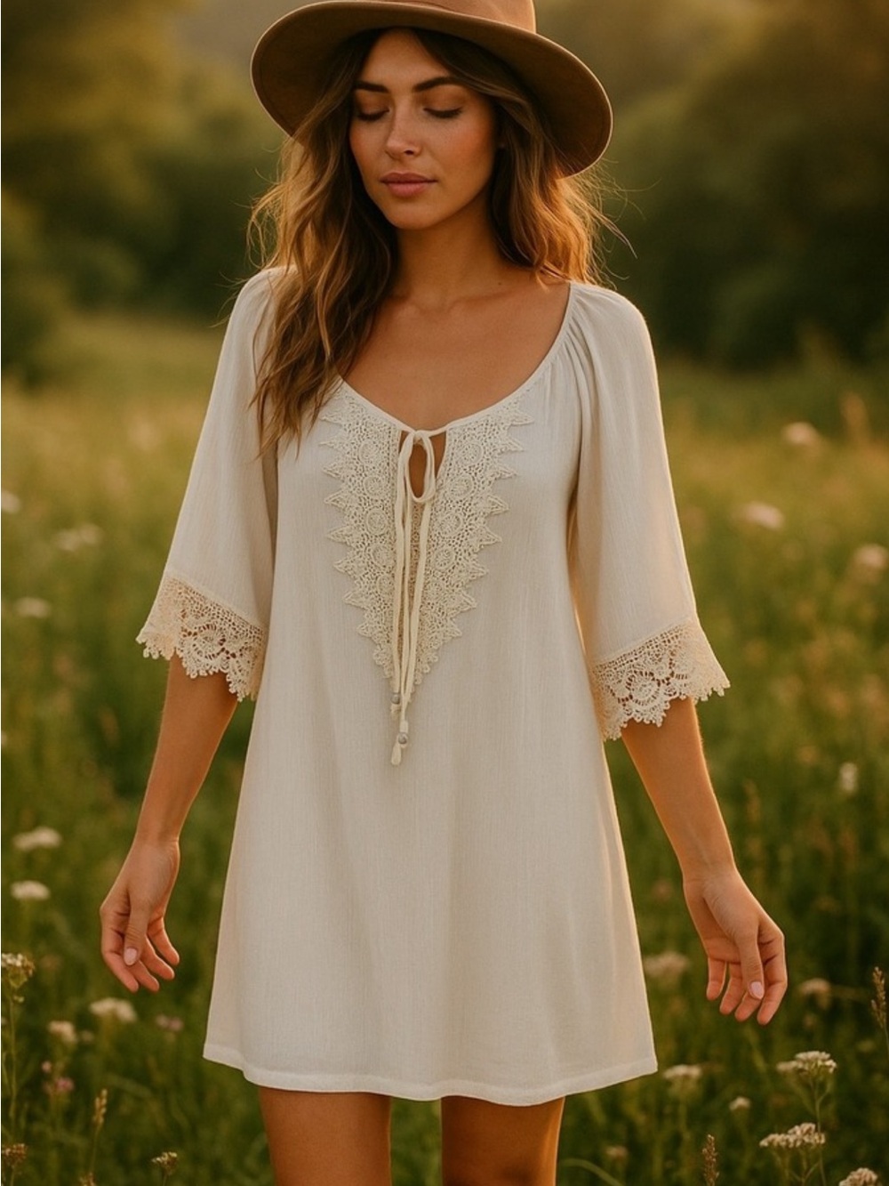 Naif Cream Lined Boho Dress w/ Beaded Tassel Ties & Crochet Floral Lace Details.